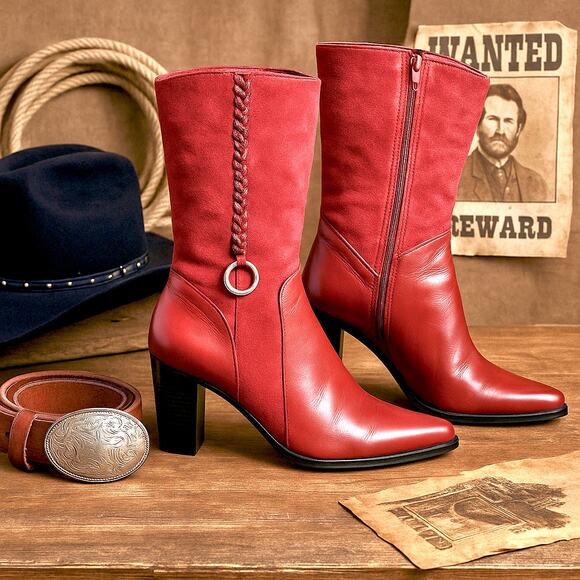Vintage Red Suede Leather Boots 80s Retro Western Rodeo Rocker Aesthetic 7.5 - Picture 1 of 6